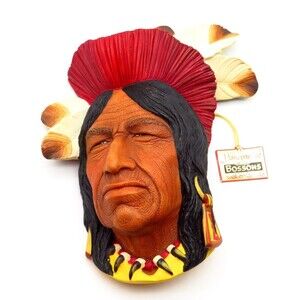 Vintage 1967 Bossons Chalkware Head Tecumseh Chief Wall Plaque England with Tag
